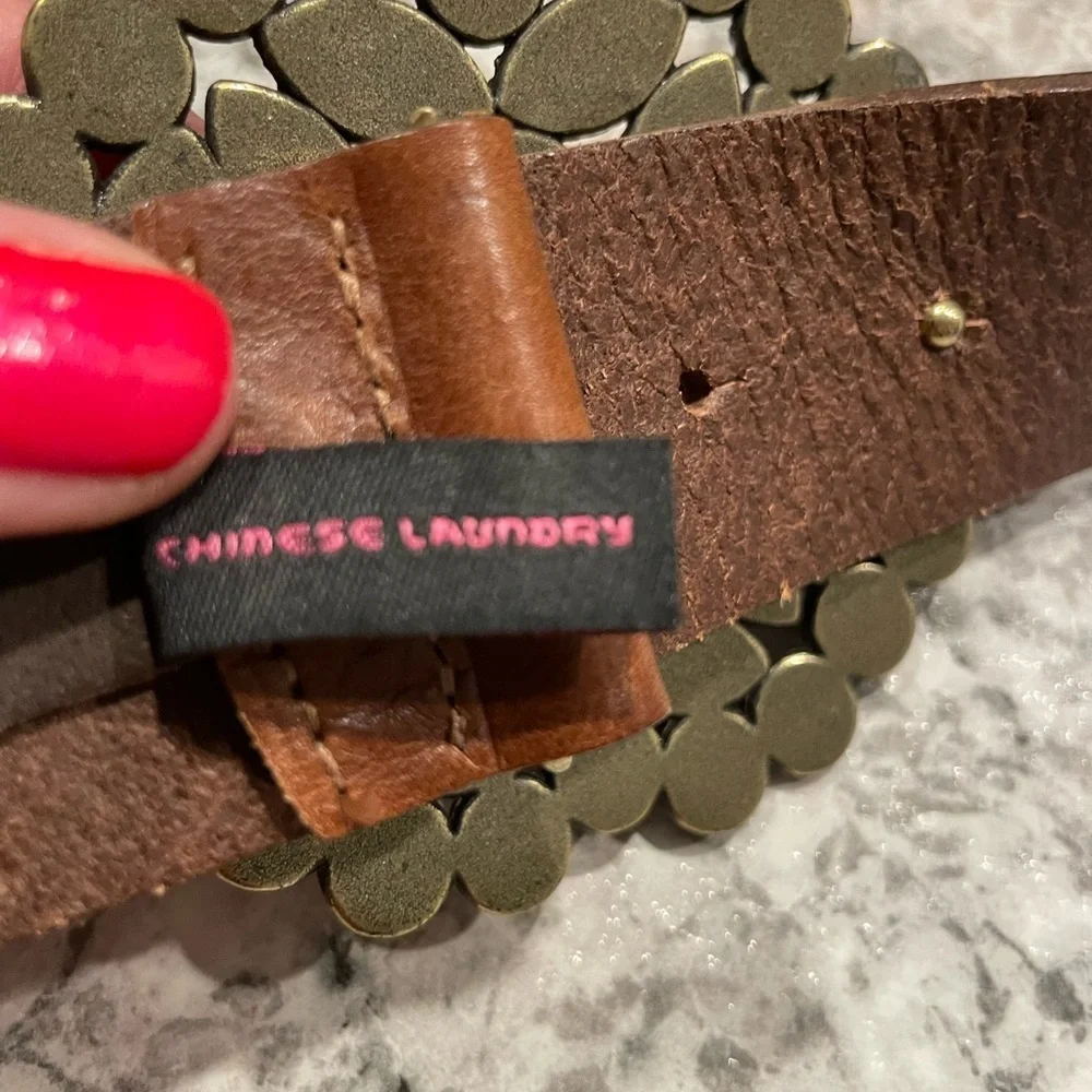 Chinese Laundry Boho Brown Leather Belt oval Rhinestone Buckle Sz Large